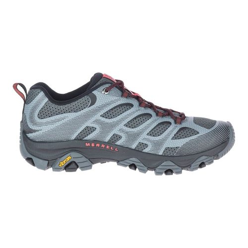 A gray and black MERRELL MOAB 3 EDGE GRANITE - MENS athletic shoe with red accents, durable tread, and the brand "Merrell" displayed on the side offers out-of-the-box comfort perfect for hiking.