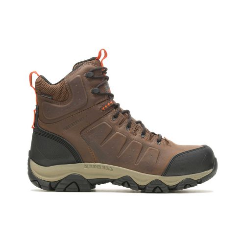 A pair of MERRELL PHASERBOUND 2 WTP CF EARTH/ORANGE - MENS by Merrell, a brown and black hiking boot with a high ankle and sturdy sole, featuring orange accents and black laces, displayed against a white background. This waterproof boot also boasts the toughest gear standards with a carbon fiber safety toe for ultimate protection.