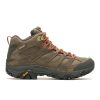 A brown hiking boot with orange laces, featuring a rubber sole with the Vibram logo and the Merrell brand name on the side. It also boasts a waterproof membrane for added protection. This MERRELL MOAB 3 PRIME MID WP CANTEEN - MENS model ensures durability and comfort on every adventure.