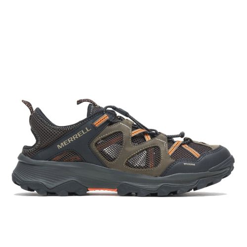 A dark green and black hybrid performance sandal with orange accents, featuring a mesh upper, thick treaded sticky trail outsole, and brand name "Merrell" on the side is the MERRELL SPEED STRIKE LEATHER SIEVE OLIVE - MENS by Merrell.