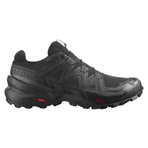 A Salomon SALOMON SPEEDCROSS 6 GTX BLACK - MENS trail running shoe with a rugged, upgraded outsole and a lace-up design, these waterproof shoes are perfect for any adventure.