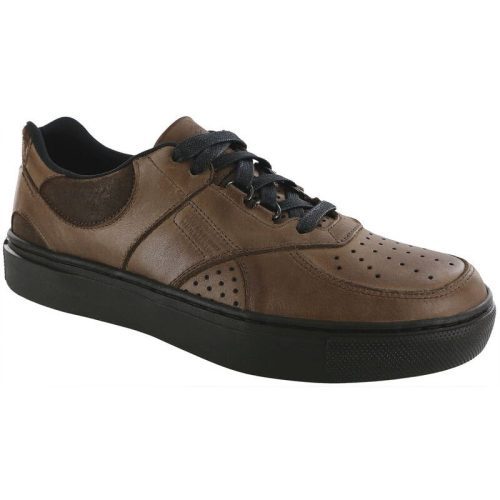 Brown leather sneaker with black laces and black rubber sole, featuring perforated leather detailing on the toe cap and sides. Experience ultimate comfort with a comfortable footbed that cushions each step. Try the SAS HIGH STREET OXFORD LACE MAHOGANY - MENS by SAS.