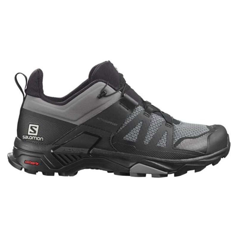 A black and gray Salomon SALOMON X ULTRA 4 QUIET SHADE - MENS hiking shoe featuring a synthetic upper, rugged Contagrip® sole, and a pull-tab at the heel.