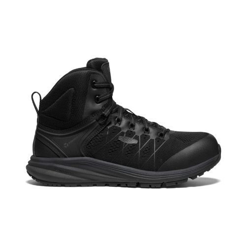 A black high-top KEEN CT VISTA ENERGY MID INT MET GUARD BLACK RAVEN - MENS from Keen, featuring a textured outsole and moisture-wicking lining, designed for outdoor activities.