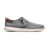 A side view of the Nunn Bush NUNN BUSH BREWSKI MOC TOE SLIP ON GRAY - MENS, a casual warm weather shoe in gray cotton canvas with a white sole, brown accent on the heel, and decorative lacing detail.