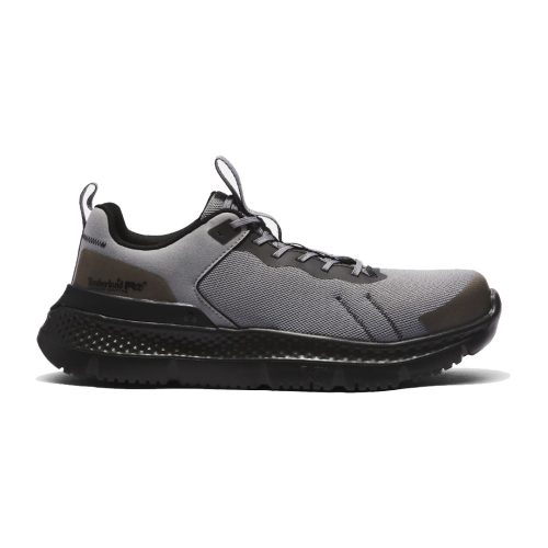 Side view of a grey and black Timberland Setra Low CT Grey Black - Mens safety-toe work shoe with a mesh upper, thick cushioned sole, and pull tab at the heel. The shoe features a lace-up design, Electrical Hazard Protection, and is labeled "Timberland.