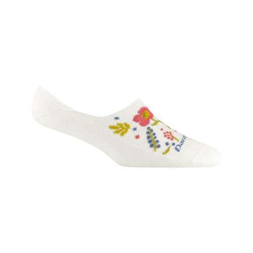 Darn Tough DARN TOUGH TOPLESS GARDEN PARTY NO SHOW SOCKS WHITE featuring a colorful floral design with red, yellow, and blue flowers, made from breathable Merino Wool for ultimate comfort.