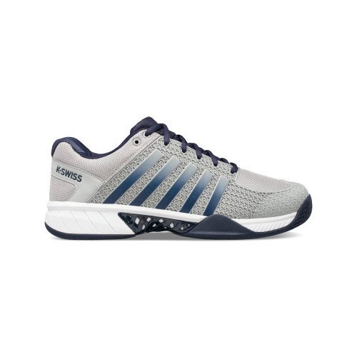 A gray and navy athletic shoe, the K-Swiss K-SWISS EXPRESS LIGHT PICKLEBALL HIGHRISE/NAVY - MENS, featuring a breathable mesh upper, striped design on the sides, an EVA midsole for comfort and a sturdy rubber sole for traction.