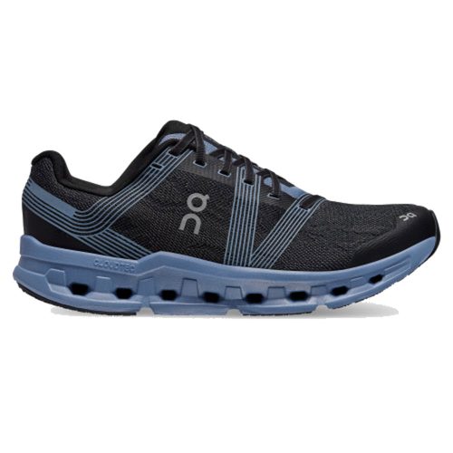 A black athletic sneaker with blue accents, featuring a low-top design, lace-up closure, and a cushioned sole enhanced by CloudTec® cushioning. The ON RUNNING CLOUDGO BLACK/SHALE - MENS by On Running has a distinctive tread pattern, logo on the side, and uses recycled materials for an eco-friendly choice.