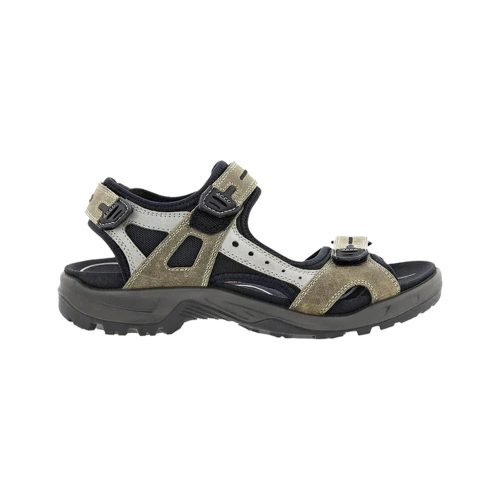 A single black and brown Ecco ECCO YUCATAN SANDAL VETIVER WILD DOVE - MENS with adjustable straps and a rugged sole, viewed from the side.