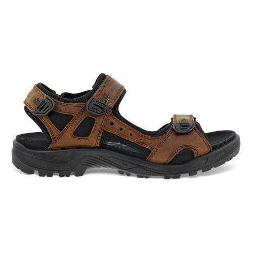 A brown and black open-toe ECCO YUCATAN M PLUS SIERRA - MENS sandal from Ecco with adjustable straps and a sturdy, textured sole made from recycled materials is displayed against a white background.