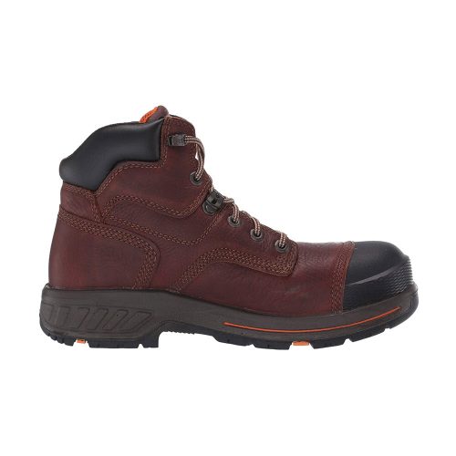 A Timberland TIMBERLAND 6 INCH HELIX HD CT WP BROWN - MENS with a black toe cap, black cushioned collar, and black sole. Featuring metal eyelets and orange accents on the sole and interior, these boots also come equipped with waterproof work boots technology for maximum durability in any weather.