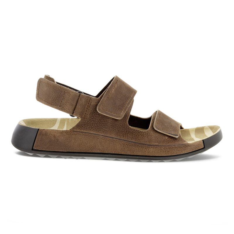 Side view of a brown suede sandal with three Velcro straps, an open toe design, and a cushioned sole. Featuring a comfort-padded heel strap and supportive footbed, the ECCO 2ND COZMO 3 BAND COCOA BROWN - MENS by Ecco prioritizes both style and support.