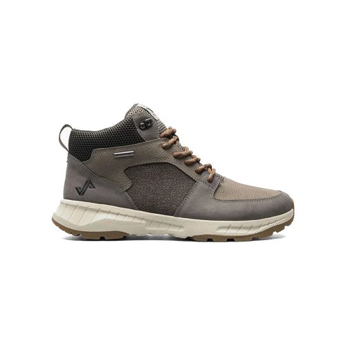 A single brown and gray high-top hiking sneaker with a textured upper, lace-up front, and reinforced sole for aggressive traction is shown against a plain white background. This sneaker is the Forsake FORSAKE WILD SKY MID DARK GRAY/GOLD - MENS.