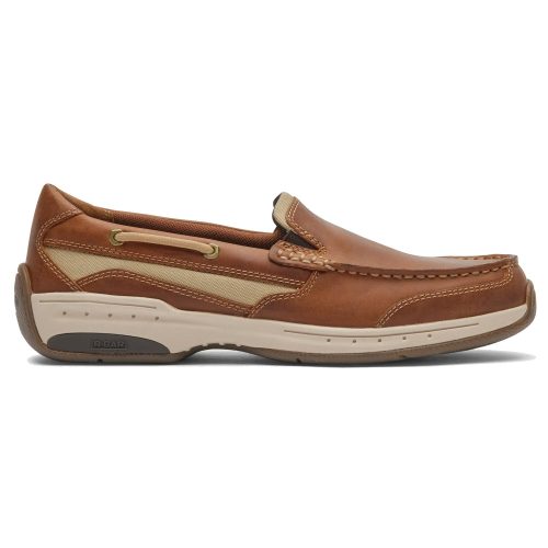 The Dunham Captain Venetian Tan Leather - Men's lace-free slip-ons feature a tan leather design with a beige rubber sole, stitching details on the sides and upper, offering both lasting materials and a comfortable and steady step.