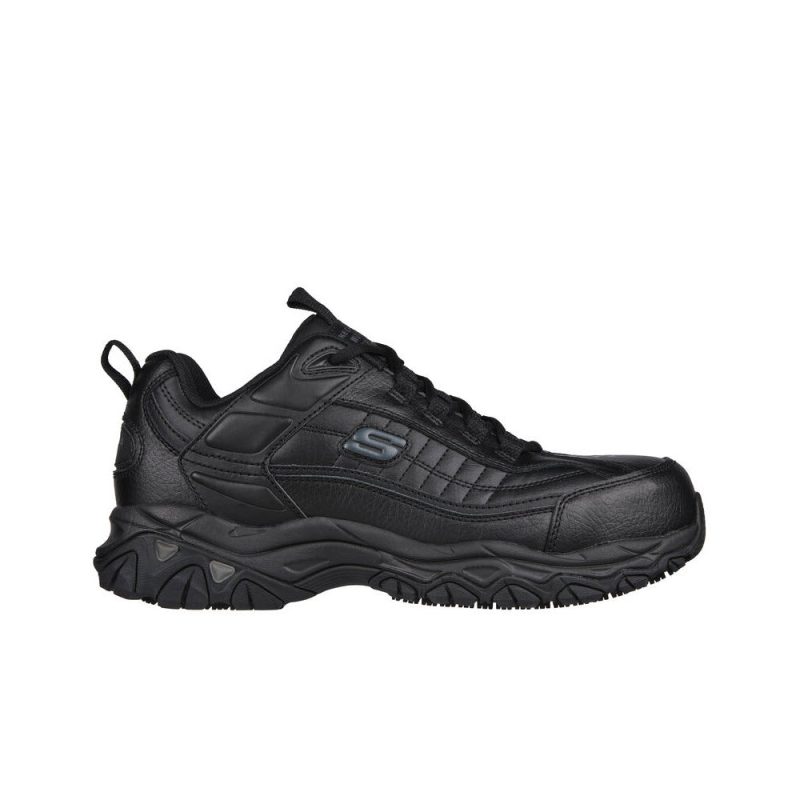 A SKECHERS SOFT STRIDE STINEY ST OXFORD BLACK - MENS sneaker from Skechers with a lace-up closure, a thick sole, an "S" logo on the side, and a slip-resistant outsole.