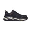 Black Skechers SKECHERS ARCH FIT ROAD WALKER RAYLAN ST BLACK - MENS with orange accents, composite toe, and a white and black nonslip Goodyear® Performance Outsole. Featuring Arch Fit® insole for optimal comfort.