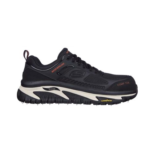 Black Skechers SKECHERS ARCH FIT ROAD WALKER RAYLAN ST BLACK - MENS with orange accents, composite toe, and a white and black nonslip Goodyear® Performance Outsole. Featuring Arch Fit® insole for optimal comfort.