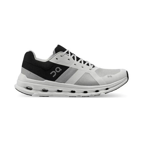 A white and black athletic shoe with the "On Running" logo on the side, featuring a Swiss-engineered upper and cushioned sole for a light and comfortable feel.   Product Name: ON RUNNING CLOUDRUNNER GLACIER/BLACK - MENS