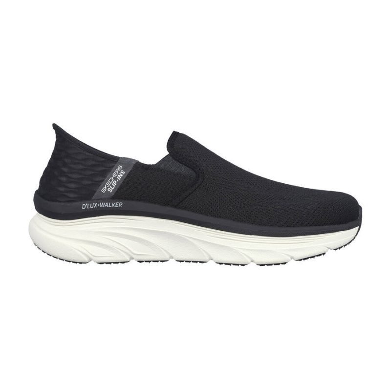 A black slip-on sneaker with a thick white sole and “SKECHERS D'LUX WALKER ORFORD BLACK/WHITE - MEN” written on the side near the heel, featuring Air-Cooled Memory Foam for a well-cushioned walk.