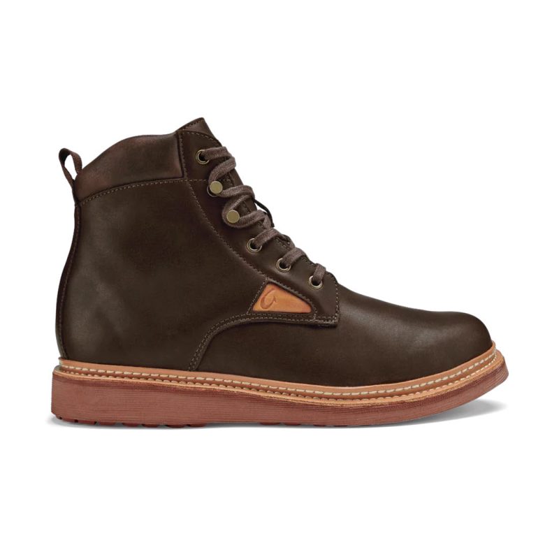 An Olukai OLUKAI KILAKILA LACE BOOT DARK WOOD - MENS with a lace-up design and a small logo on the side. The boot features a lightweight rubber sole for comfort all day and is crafted from waterproof leather for added durability.