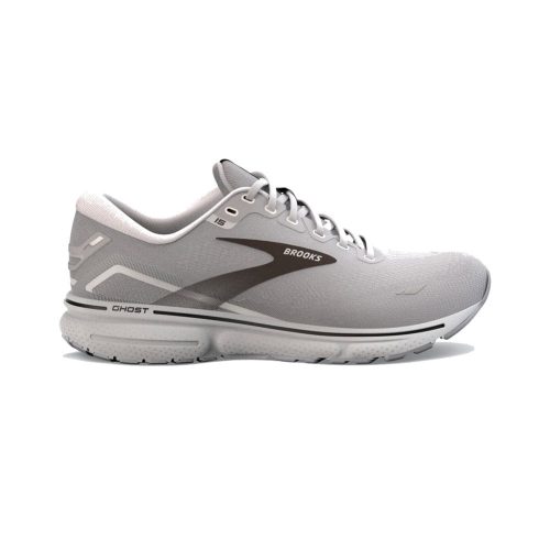 A white and gray **BROOKS GHOST 15 ALLOY/OYSTER/BLACK - MENS** by **Brooks**, designed for ultimate comfort and performance, with the model name printed on the side.