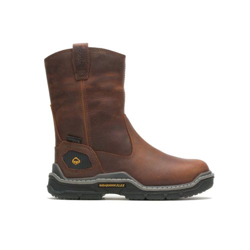 Side view of a brown leather pull-on work boot with a reinforced black sole and "Wolverine" branding on the side, featuring the flexible comfort of DuraShocks technology. This is the WOLVERINE RAIDER DURASHOX PEANUT - MENS.