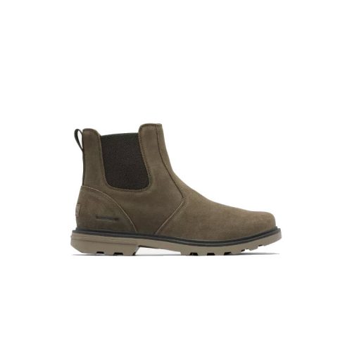 A single SOREL CARSON CHELSEA BOOT SLIP ON WATERPROOF MAJOR ANCIENT FOSSIL - MENS with a black elastic side panel, pull tab at the back, and a thick molded rubber sole, shown in a side profile view.