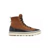 A SOREL CHEYANNE NETRO II WP SNEAK QUARRY BLACK - MENS from Sorel, which is a high-top sneaker boot in brown and black suede leather with a white sole and black laces.