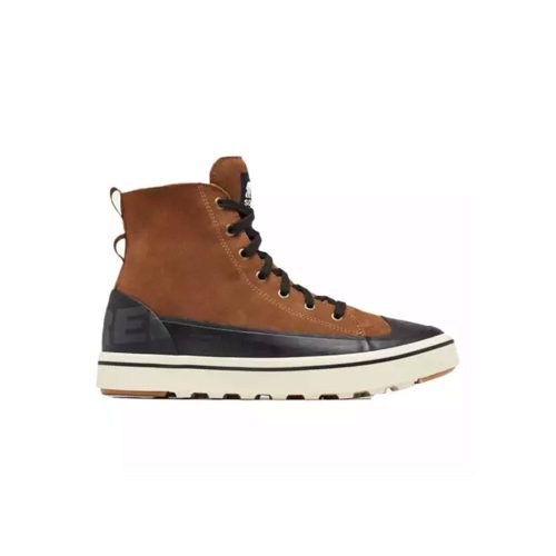 A SOREL CHEYANNE NETRO II WP SNEAK QUARRY BLACK - MENS from Sorel, which is a high-top sneaker boot in brown and black suede leather with a white sole and black laces.