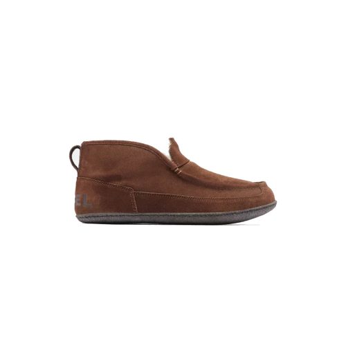 A brown suede SOREL MANAWAN II SLIPPER TOBACCO BLACKENED BROWN - MENS with a low-cut ankle design, featuring a pull tab at the heel and a black textured rubber outsole from Sorel.