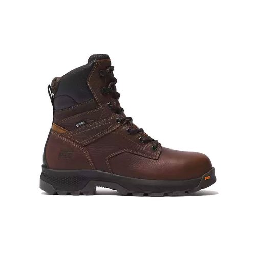 A single brown Timberland TIMBERLAND CT TITAN EV 8 INCH WATERPROOF BROWN - MENS work boot with black laces, reinforced toe, and rugged sole. The boot is designed for durability and industry-leading comfort during outdoor use.