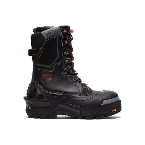 A black, high-top work boot with orange accents, featuring rugged tread and a reinforced toe. Designed for extreme weather, the TIMBERLAND CT PAC MAX 10 INCH WATERPROOF INSULATED BLACK ORANGE - MENS has lace-up closure with hooks around the ankle and Timberland branding on the side. Perfect insulation ensures warmth in cold conditions.