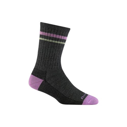 A single dark gray sock with a purple toe and heel, featuring pink and gray stripes near the cuff. This classic everyday sock is made with silky-soft twisted yarn for ultimate comfort. The product is the DARN TOUGH LETTERMAN CREW SOCKS PEWTER - WOMENS by Darn Tough.