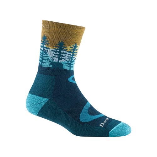 A single Darn Tough Northwoods Micro Crew Socks Dark Teal - Womens with a forest design, transitioning from blue at the foot to yellow at the top. The heel, toe, and part of the sole are reinforced with a darker blue. Featuring breathable cushioning for added comfort and a snug fit for your adventures.