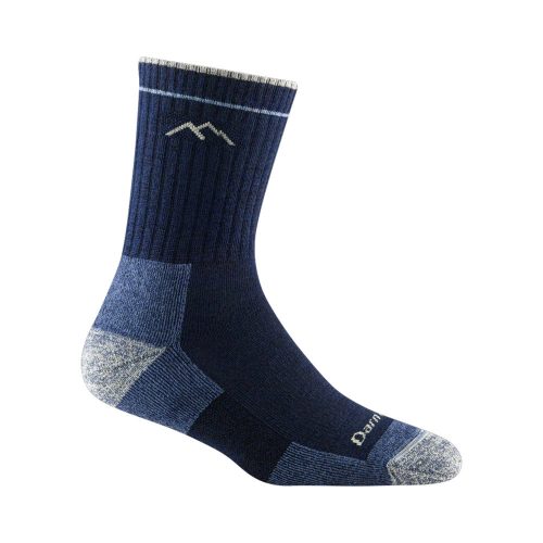 A single dark blue DARN TOUGH HIKER MICRO CREW SOCKS ECLIPSE - WOMENS with light gray accents at the heel, toe, and cuff. The sock features a small embroidered mountain design near the top and is labeled "Darn Tough," making it perfect for any through-hiker.