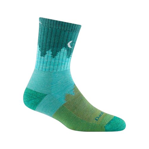 A single DARN TOUGH TREELINE MICRO CREW SOCKS BLUE - WOMANS featuring a forest design with trees and a crescent moon, crafted from soft Merino Wool. Perfect as a trail staple by Darn Tough.