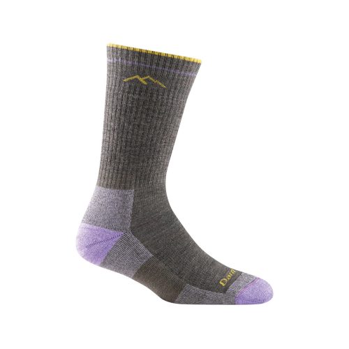 A single Darn Tough DARN TOUGHCUSHION HIKE BOOT SOCKS TAUPE - WOMENS featuring purple accents at the toe and heel, a yellow stripe at the top, and a small yellow logo near the toe offers premium durability for thru-hikers, helping to prevent blisters on long trails.