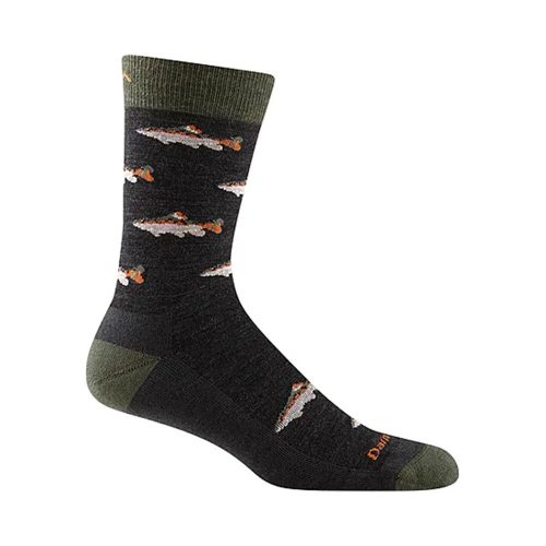 A single dark Darn Tough Spey Fly Crew Sock Charcoal - Men's with a pattern of fish and green accents at the toe, heel, and cuff, crafted from cozy Merino Wool.