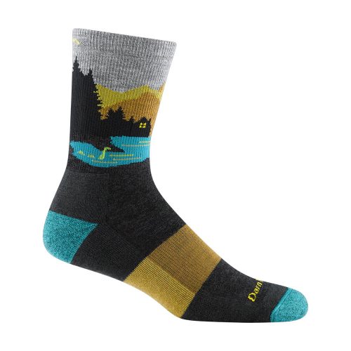 A DARN TOUGH CLOSE ENCOUNTERS MICRO CREW SOCKS CHARCOAL - MENS featuring a mountain and lake design in shades of grey, green, and turquoise with "Darn Tough" text on the toe and heel, offering a performance fit for any outdoor adventure.