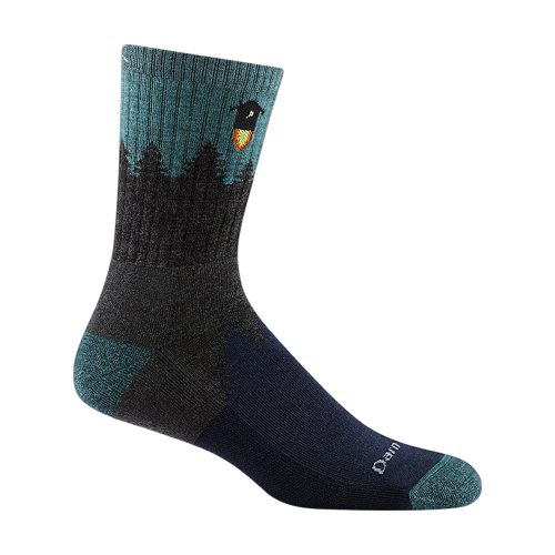 A mid-calf sock with a teal and dark gray design, featuring a stylized bird with an orange beak and a forest silhouette, perfect for the best hiking sock experience. Enjoy long-lasting toughness on every adventure with Darn Tough's DARN TOUGH NUMBER 2 MICRO CREW SOCKS GRAY - MENS.