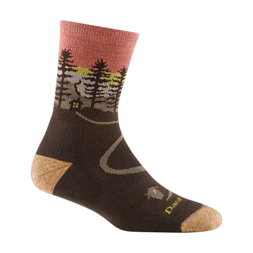 A single brown and pink sock featuring a landscape design with trees, hills, a house, and a small canoe. This low-profile **Darn Tough Northwoods Micro Crew Socks Earth - Womens** sock offers breathable cushioning for utmost comfort and a snug fit that stays in place all day.