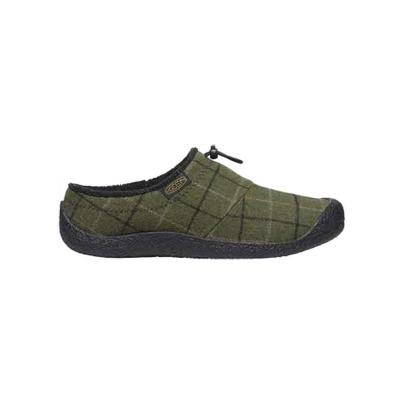 KEEN HOWSER III SLIDE DARK OLIVE PLAID - MENS with a black sole, cozy fleece lining, and a small logo tag on the side. Perfect as a stylish camping shoe to keep your feet warm and comfortable.