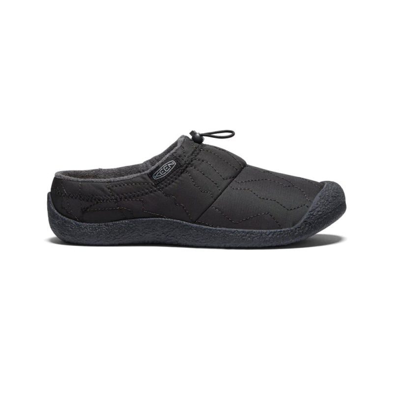 Black KEEN HOWSER III SLIDE TRIPLE BLACK - MENS with a thick sole, visible stitching, cozy fleece lining, and an elastic cord at the heel for adjustment. Keen logo is on the side.