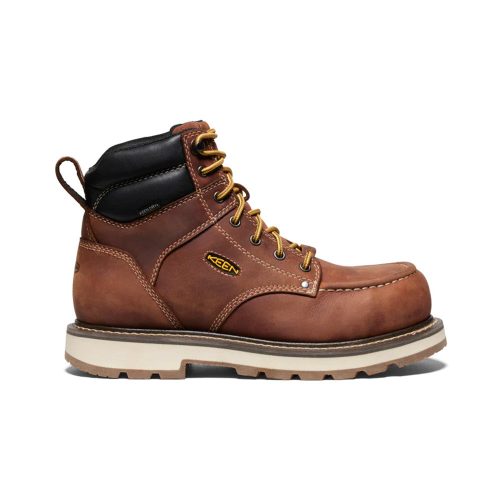 A KEEN CT CINCINNATI 90 DEGREE 6 INCH WATERPROOF TUSCAN RED SANDSHELL - MENS, featuring the Keen logo on the side. This heavy-duty welted style boasts a waterproof design and a 90° heel for maximum durability and support.