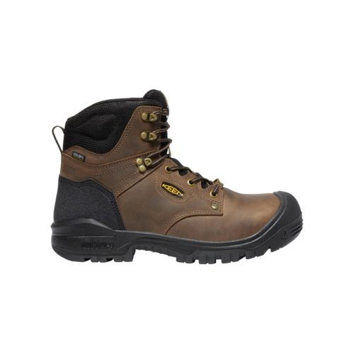 A single brown work boot with black accents, featuring KEEN.ToughSole outsole, black laces, metal eyelets, carbon-fiber safety toes, and a branded side logo against a plain white background. The product is the KEEN CT INDEPENDENCE 6 INCH WATERPROOF 400GMS INSUL DARK EARTH BLACK - MENS by Keen.