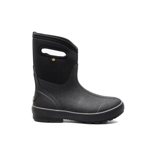 The Bogs BOGS CLASSIC II MID BLACK - WOMENS is a black insulated, waterproof boot with a textured sole, featuring a pull-on tab and cut-out handles near the top for easy wear. It includes an eco-friendly foot bed for added comfort.