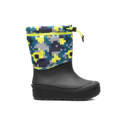 A lightweight child's black winter boot with a thick sole and a colorful, pixelated blue, yellow, and green pattern on the upper part. A drawstring secures the top of these durable Bogs BOGS SNOW SHELL MEDIUM CAMO NAVY MULTI - KIDS snow boots.