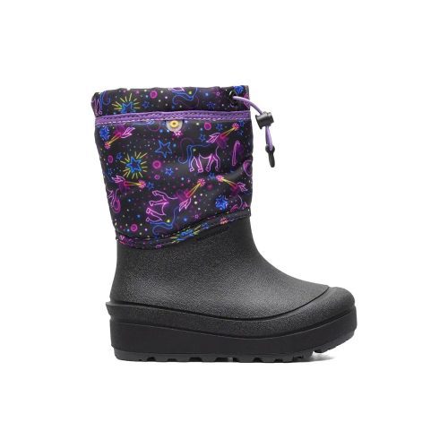 The Bogs BOGS SNOW SHELL NEON UNICORN PURPLE MULTI - KIDS features a thick sole and a dark purple upper adorned with colorful unicorn and star designs, secured with a drawstring at the top. Despite its durable build, it's surprisingly lightweight.