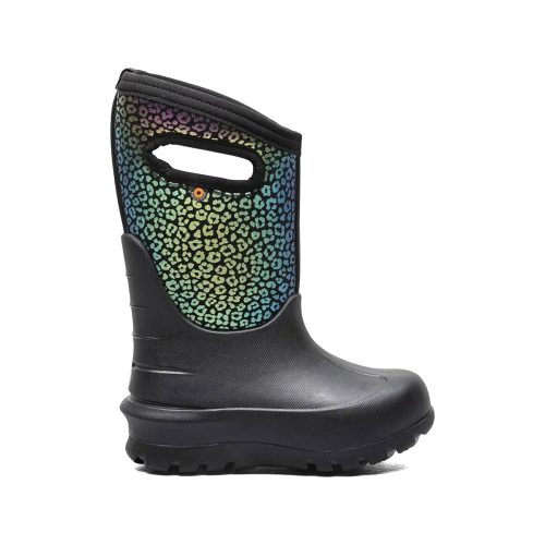 A single BOGS NEO-CLASSIC RAINBOW LEOPARD BLACK - KIDS by Bogs, waterproof and durable, featuring an eco-friendly design and a handle cut-out near the top.